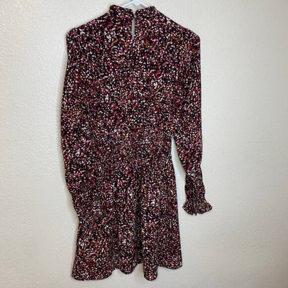 THML Burgundy Abstract‎ Confetti Smocked Waist Ruffle Neck Mini Dress Size S - Picture 11 of 13